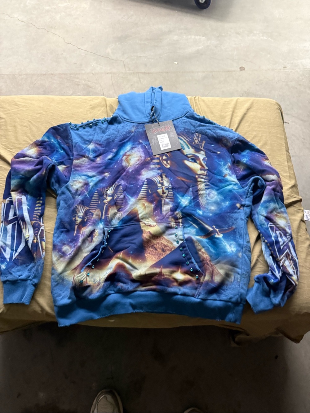 Stray Mens Blue Graphic Egyptian Pharaoh Fleece Hoodie